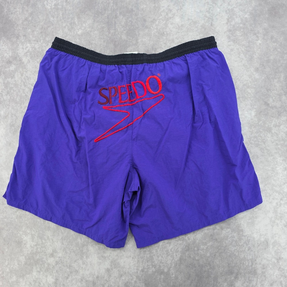 Vintage 90s Speedo Mens XL Swim Trunks Board Shorts Purple Red Logo Embroidered